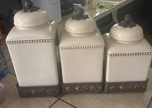 SET Of 3 Gracious Goods GG Collection Large Canister Acanthus Leaf & Metal Base - Picture 1 of 13