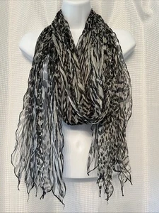 Leopard Animal Print Fashion Rectangle Scarf Sheer Ruffle Black  16x90 Zebra - Picture 1 of 7