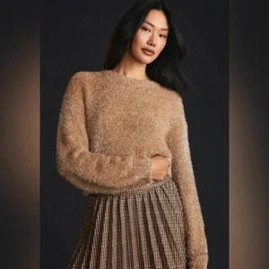 NWT Anthropologie Maeve Tan Silver Tinsel Eyelash Sweater Women's Plus 2X - Picture 1 of 10