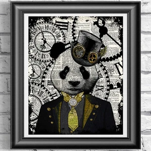 Steampunk Panda, Estampado Panda, Decoración de Pared Animal Panda, Diccionario Arte Panda - Imagen 1 de 3
