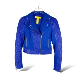 Catherine Malandrino Yellow Label Blue Lambskin & Rayon Cropped Moto Jacket Size - Picture 1 of 8