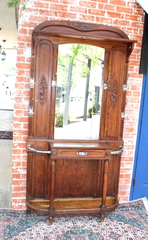 French Antique Carved Oak Art Deco Hall Tree Stand / Coat Hanger Cover