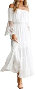 Women Off The Shoulder Maxi Dress Lace Long Flowy Dress Ruffle Tube Beach Vacati - Picture 1 of 17