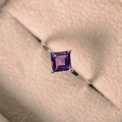 Anillo de boda solitario princesa amatista real oro blanco sólido 14K de 1,50 quilates talla 7 Foto 1 de 4
