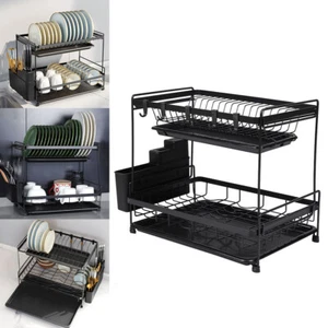 2 Tier Dish Drainer Rack With Drip Tray Kitchen Drying Rack Bowl Plate Holder UK - Picture 1 of 18