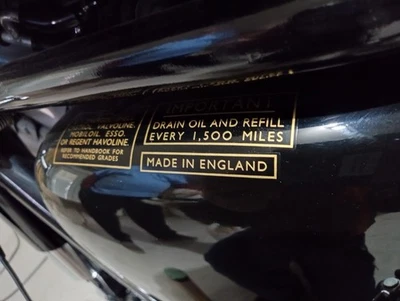Triumph oil tank sticker set 3 1960-74 USE ONLY BP/DRAIN OIL/MADE IN ENGLAND - Image 1 of 4