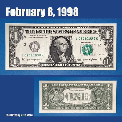 February 8, 1998 Birthday Anniversary $1 One Dollar Bill Serial Number 02081998 - Image 1 of 2