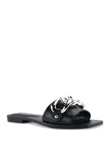 MARC FISHER Womens Black Chain Rosely Slip On Leather Slide Sandals Shoes 6 M - Picture 1 of 6