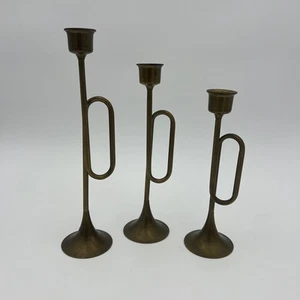 Brass Trumpet Bugle Horn Taper Candle Holders Mid-Century Modern Set 3 - Picture 1 of 5