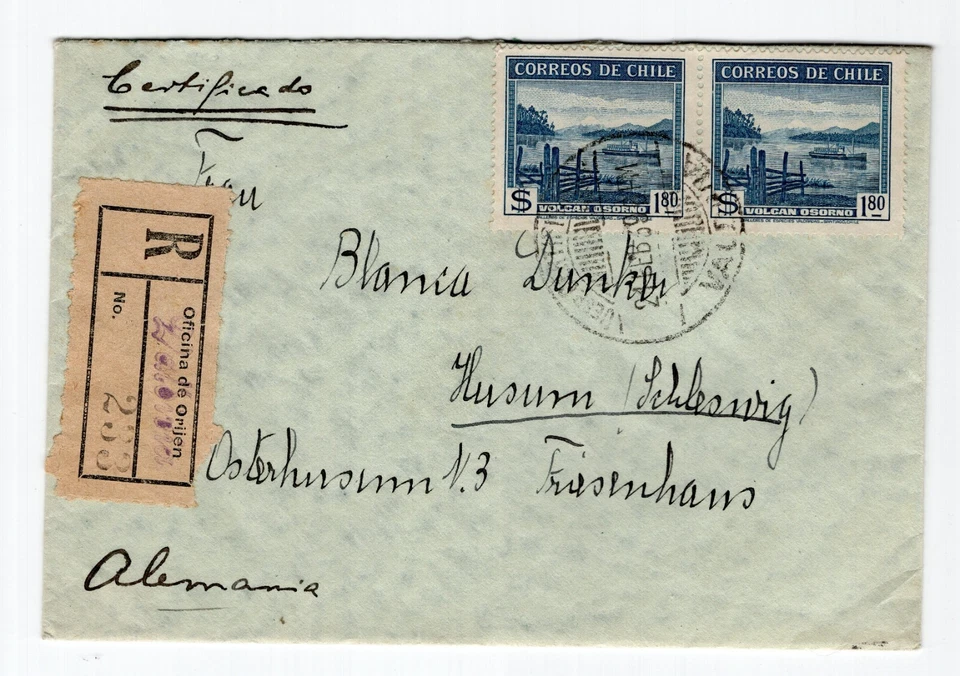 CHILE 1939 Cubierta registrada Valdivia a Alemania escaso franqueo vistas y vistas Foto 1 de 2
