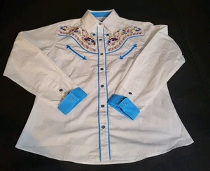 Salvaje Oeste White & Blue Embroidered Pearl Snap Damen Western Shirt Size S - Bild 1 von 12