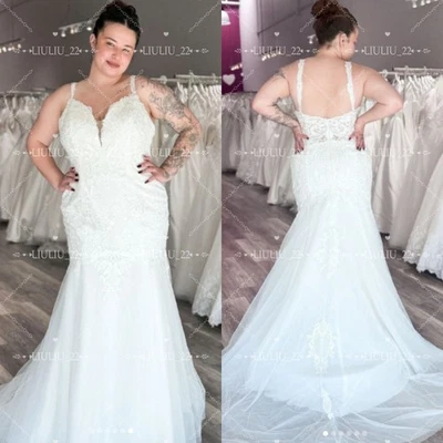 Plus Size Mermaid Wedding Dresses V Neck Sweep Train Lace Applique Bridal Gowns - Image 1 of 4