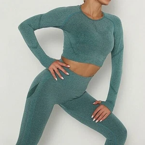 2pcs Breathable Slim Fit Sport Top & Yoga Gym Pants Women Fitness Workout Wear 2 - Picture 1 of 17