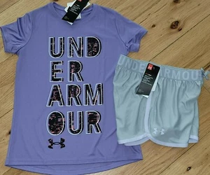 Under Armour logo wordmark top & shorts set NWT girls' L YLG lavender gray - Picture 1 of 2