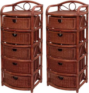 2er Set Regale mit 5 Schüben aus Natur-Rattan, Kommode-Korbregal (Bordeaux-Rot) - Bild 1 von 4