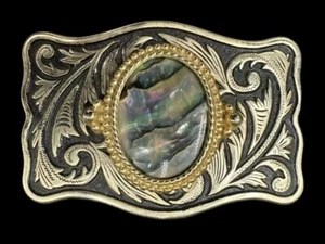 VINTAGE WESTERN DESIGN THEME BELT BUCKLE WITH MOTHER OF PEARL STONE - Picture 1 of 4