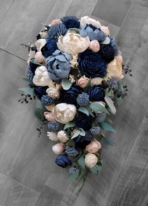 Pink Navy Dusty Blue Cascade Bridal Bouquet Artificial Sola Wood Wedding Flowers - Picture 1 of 3