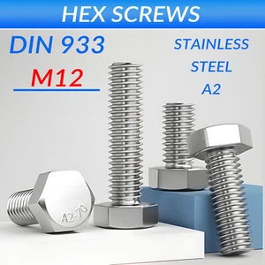 M12 HEX HEAD SET SCREWS FULLY THREADED HEXAGON BOLTS DIN933  A2 STAINLESS STEEL - Picture 1 of 19