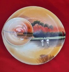 Juego de Platos para Servir Cisne Japonés de Colección con Manijas Paisaje del Lago al Atardecer - Imagen 1 de 13