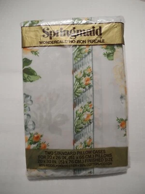 VTG SPRINGMAID POLYCOTTON WHITE/MULTI FLORAL STANDARD PILLOW CASES(2) 76x51cm BN - Image 1 of 4