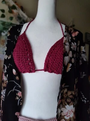 Berry Crochet Triangle Bikini Top. Adjustable Tie. Halter. Size S/M/L. Handmade. - Image 1 of 4