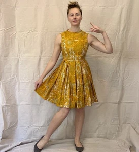 Vintage 60s Orange Mid Century Floral Block Print Fit & Flare Pleated Dress S/XS - Picture 1 of 11
