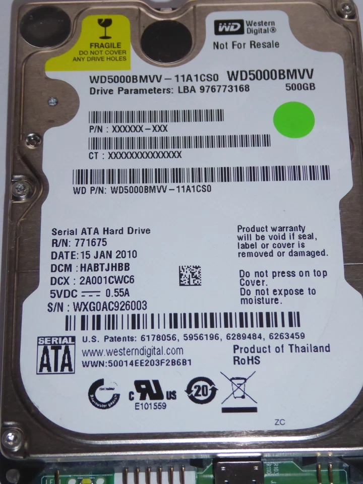 WD5000BMVV-11A1CS0 DCM: HABTJHBB 15 JAN 2010 Thailand WD 500GB - Bild 1 von 1