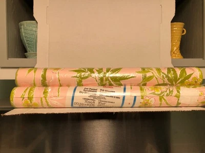 BIRGE VTG WALLPAPER RETRO PINK BAMBOO AND FLOWERS 3 ROLLS - Image 1 of 4