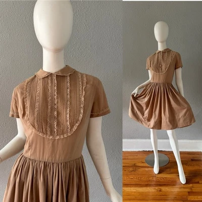Vintage 50s Beige Bobbie Brooks Shirtwaist Fit & Flare Cotton Day Dress S - Image 1 of 4