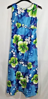 Maxi Vestido Sears Hawaiano Patio Sin Mangas Vintage Años 60 Azul Hibisco Floral S Foto 1 de 4