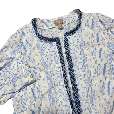 Chico's Embroidered Trim Jacket Size 3 = US XL Blue White Open Front 3/4 Sleeve - Image 1 of 4
