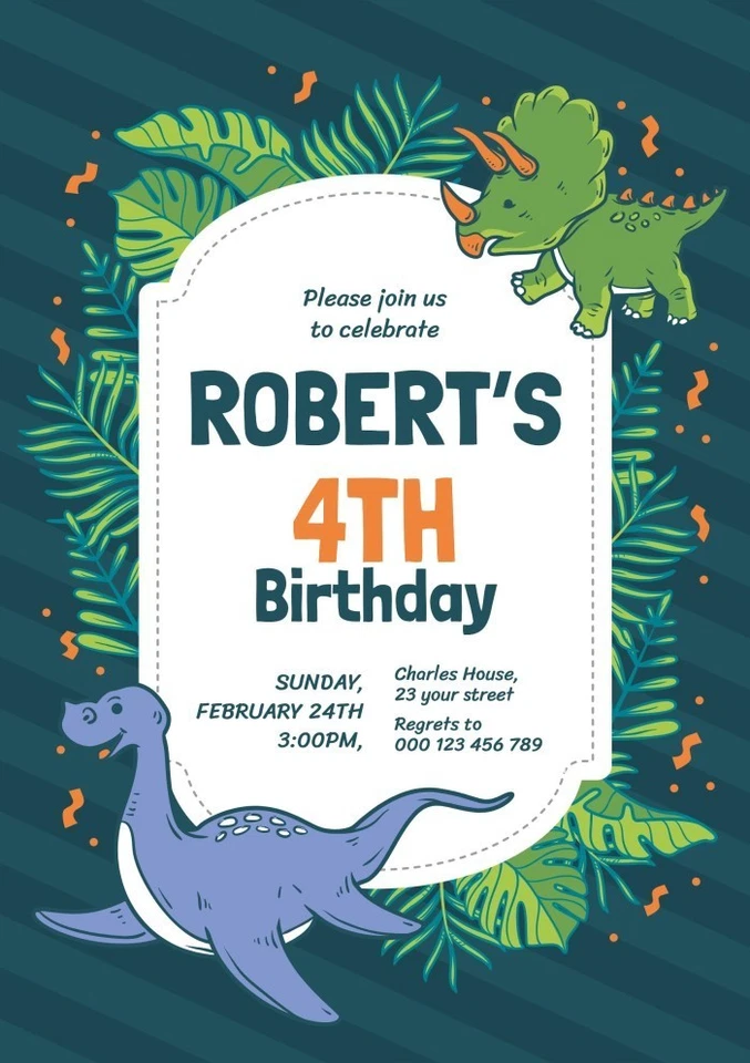Digital Dinosaur Dino Birthday Party Invitation Personalized Texts 3 - Image 1 of 4