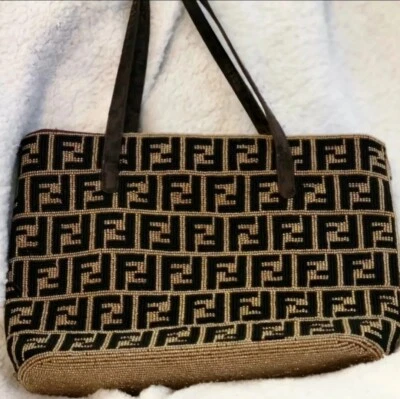 1970-80s Vintage FENDI Signature FF Zucca Black & Gold Beaded Shoulder Bag  - Image 1 of 4