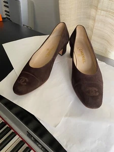 CHANEL brown suede pump toe cap 38-7.5 HEELS CC logo mules shoes sandals mules - Picture 1 of 8