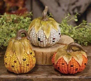 3 pc Resin CORN COB PUMPKINS Orange Cream Yellow -- Halloween Fall Harvest - Picture 1 of 4