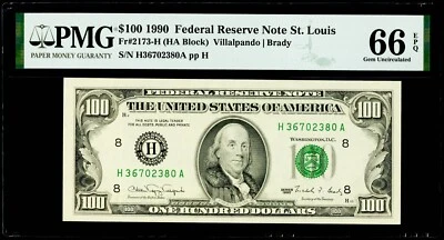 $100 1990 Federal Reserve Note St. Louis Fr#2173-H PMG 66 EPQ Gem Uncirculated - Image 1 of 3