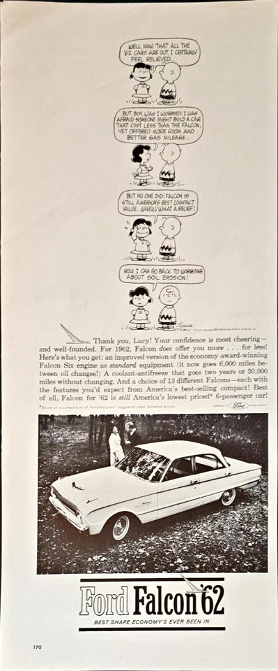 FORD FALCON 1962 - Peanuts Cartoon - Charlie Brown & Lucy - 1961 VTG Print Ad - Изображение 1 из 1