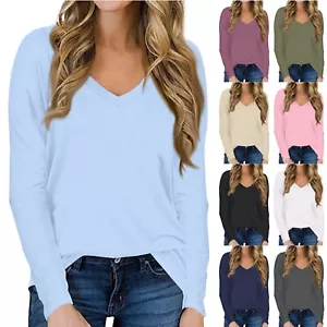 Womens Long Sleeve Tops Casual V Neck T-Shirt Solid Tunic Fall Winter Blouses - Picture 1 of 17