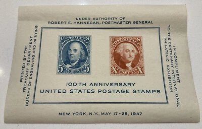 100th Anniversary of US Postage Stamp Souvenir Sheet MNH USA 1947 - Image 1 of 2