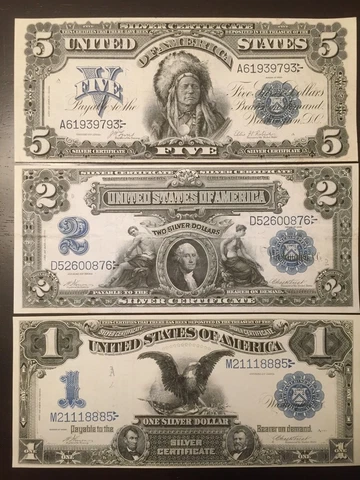 Reproduction Copies 1899 Silver Certificates $1 $2 Mini Porthole $5 Indian Chief Cover