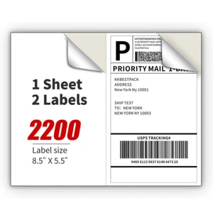 8.5x5.5 Self Adhesive Half Sheet 2200 Shipping Labels 2 Per Sheet Labels - Picture 1 of 6