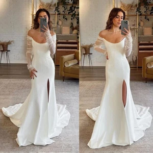 Mermaid Wedding Dresses Long Sleeves Side Split Boat Neck Beach Bridal Gowns - Picture 1 of 10