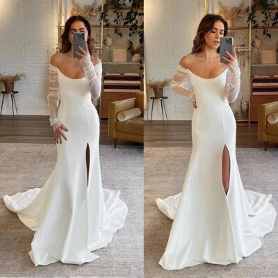 Mermaid Wedding Dresses Long Sleeves Side Split Boat Neck Beach Bridal Gowns - Image 1 of 4