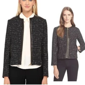 Giacca Kate Spade nera tweed woodland pelle di agnello bordo misto lana taglia 4 - Foto 1 di 8