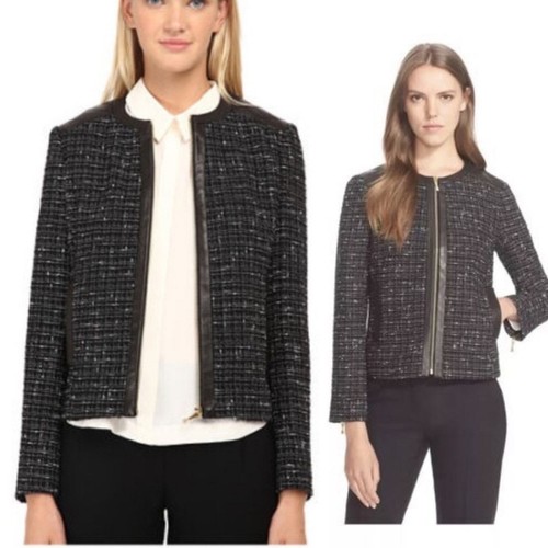 Giacca Kate Spade nera tweed woodland pelle di agnello bordo misto lana taglia 4