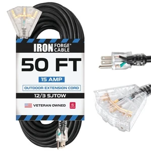 Iron Forge Cable 12 Gauge Extension Cord with Multiple Outlets - Black Heavy Dut - Picture 1 of 8
