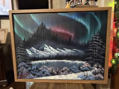 Pintura al óleo original 18x24 “Aurora Polaris” arte enmarcado (estilo Bob Ross) Foto 1 de 4