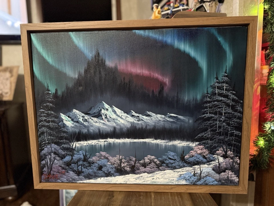 Pintura al óleo original 18x24 “Aurora Polaris” arte enmarcado (estilo Bob Ross) Foto 1 de 4