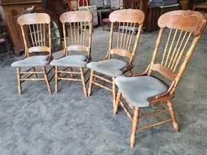 20thC 4 continental high back carved kitchen country dining chairs fabric seats - Picture 1 of 10