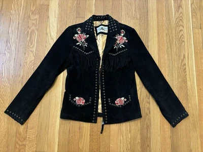 Chaqueta De Colección Saguaro West Cuero Negro Flecos Rosa Floral Bordada Vaquera S Foto 1 de 4